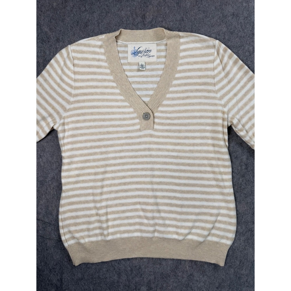 Lauren Ralph Lauren Tan White Striped V-Neck Button Cotton Sweater Large Womens